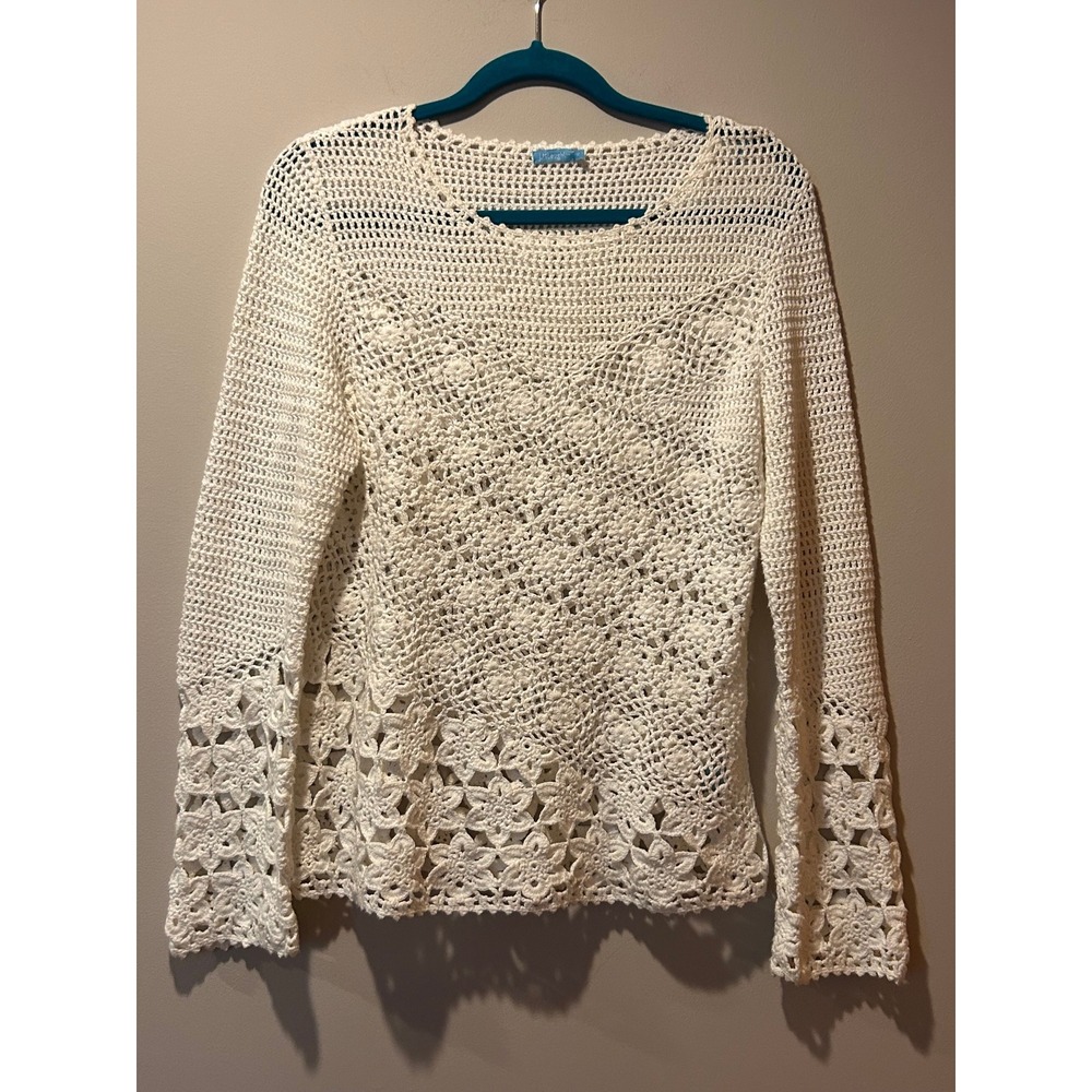 J. McLaughlin Womens Medium Cotton Crochet Knit Sweater Boho Cottagecore Coastal